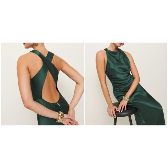 NEW Reformation Anaiis Long Silk Dress Forest Dark Green | US 0 UK 4 - Picture 2 of 15